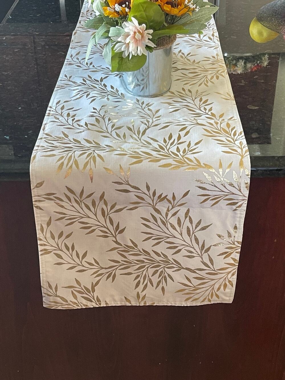 Table Runner Golden Branches Over White 14 x 71 White Golden